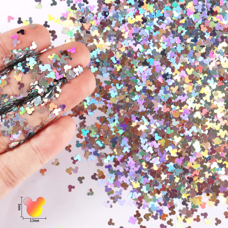 Renfio 1.75 Oz 50g Holographic Mickey Mouse Confetti Glitter Mickey Mouses Shape Shiny Sequin Glitters Resin Sparkle Chunky Sequins for DIY Mold Art Nail Artwork Holiday Decoration - Laser Silver - Image 2