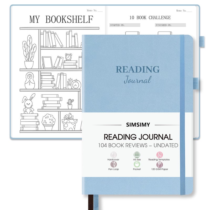 SIMSIMY Reading Journal with 104 Book Reviews, Book Journal for Books Lovers & Readers - Review and Track Your Reading Progress, Reading Log Notebook Gift, A5, Blue - Image 1