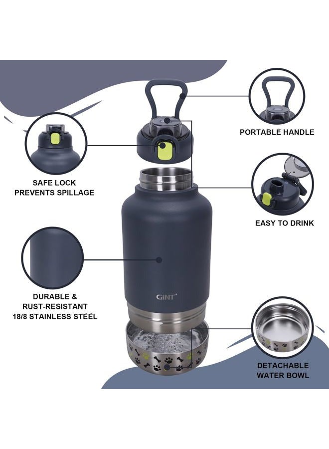 GiNT 37oz Insulated Stainless Steel Dog & Human Water Bottle | Leakproof Travel Dispenser with Detachable 10oz Bowl, 24H Cold/12H Hot, Carrying Case for Walking, Hiking, Camping & Outdoor Travel - Image 2