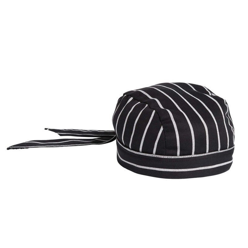 Uncommon Threads Elastic Back Skull Cap Chef Hat with Ties, Chalk Stripe, One Size