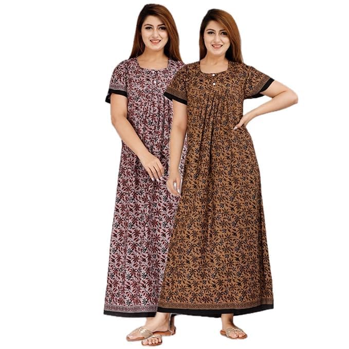 YUKATA Nighty for Women Cotton Printed Maxi Gown Ankle Length Nighty Night Dress Gown for Women Maxi - Free Size (Pack of 2) (Free Size, Brown&Light) - Image 1