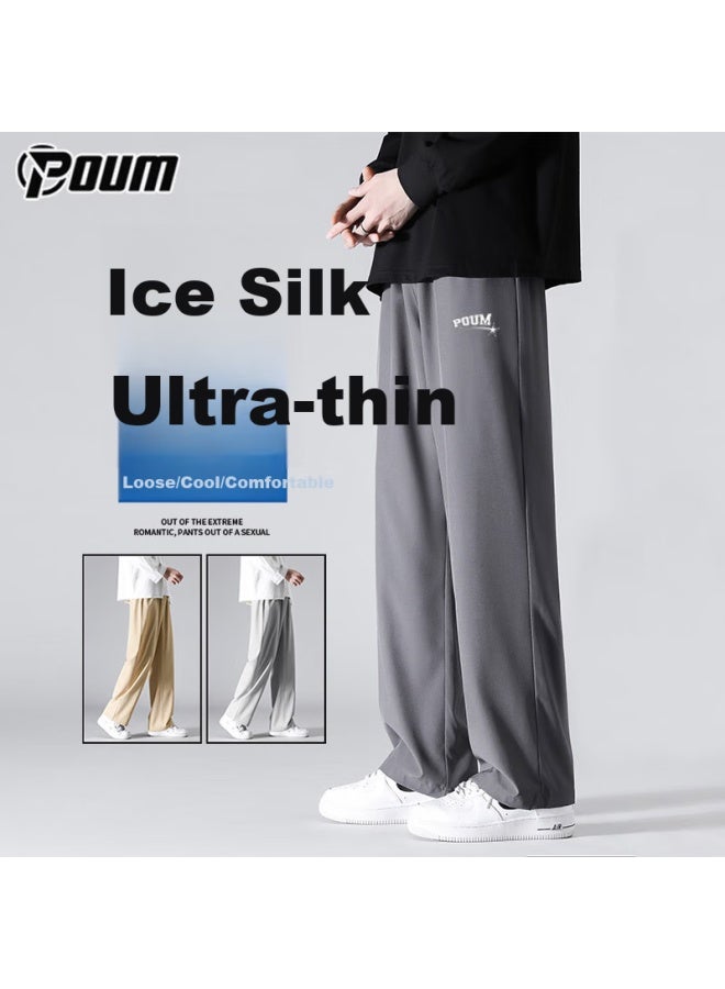Poum Men's Quick-drying Ice Silk Pants Spring And Summer Thin Loose Sports Wide-leg Cropped Trousers Ym01 Dark Grey L - Image 1