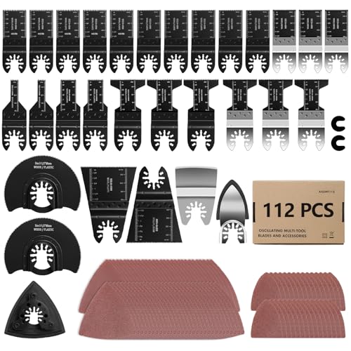 AVID POWER 112Pcs Oscillating Saw Blades Quick Release Oscillating Multitool Blades with Sandpapers Universal Oscillating Tool Accessories for Cutting Metal/Wood/Plastic, Compatible with Most Brands - Image 1