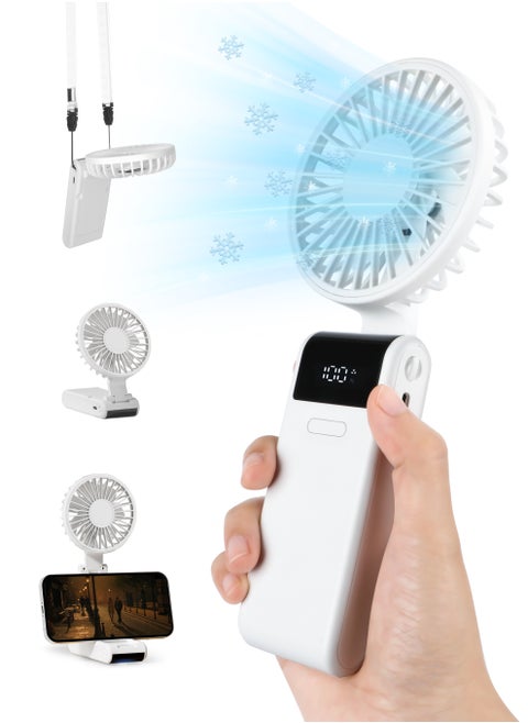 Handheld Fan, Powerful Handheld Fan, Small Battery Operated Fan with LED Display, 5 Speed Adjustable, Lightweight Rechargeable Fan, Can be Used as Mobile Phone Holder