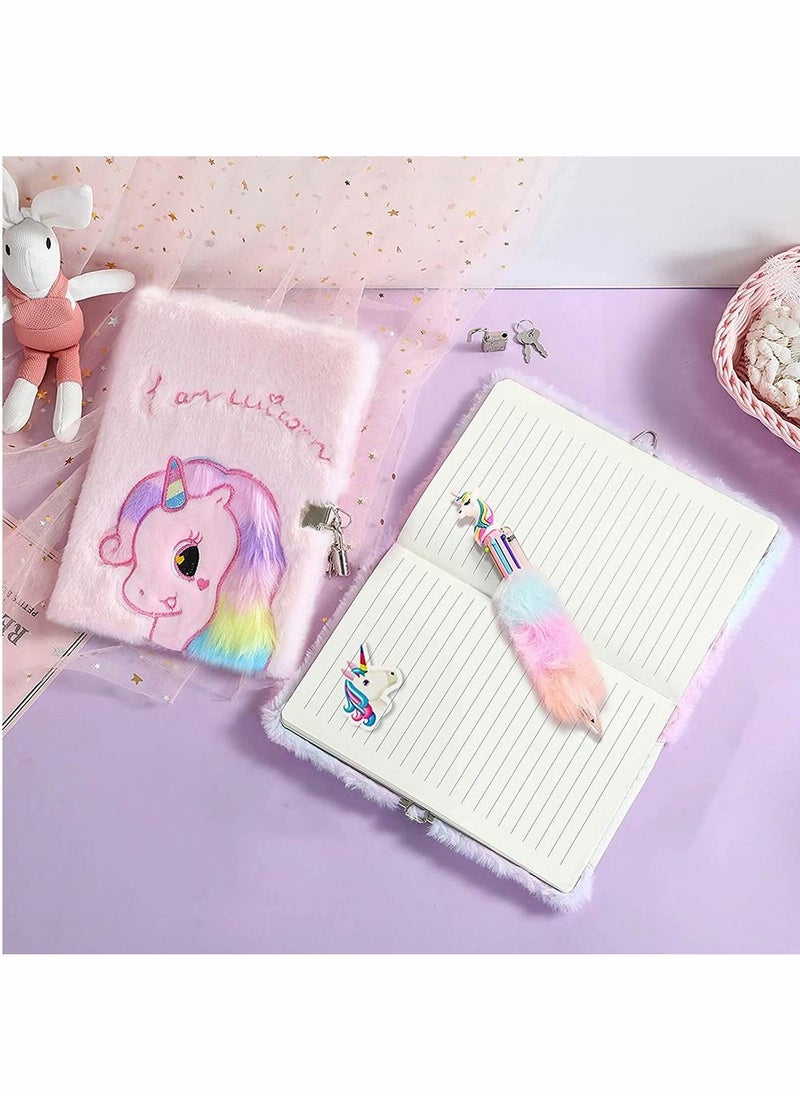 Y&D - Unicorn Diary Plush Notebook Set, Writing Journal Stationery for kids, 1 Lock Includes with 2 Keys, 51 Sticky Notes Students School Gifts - Image 1
