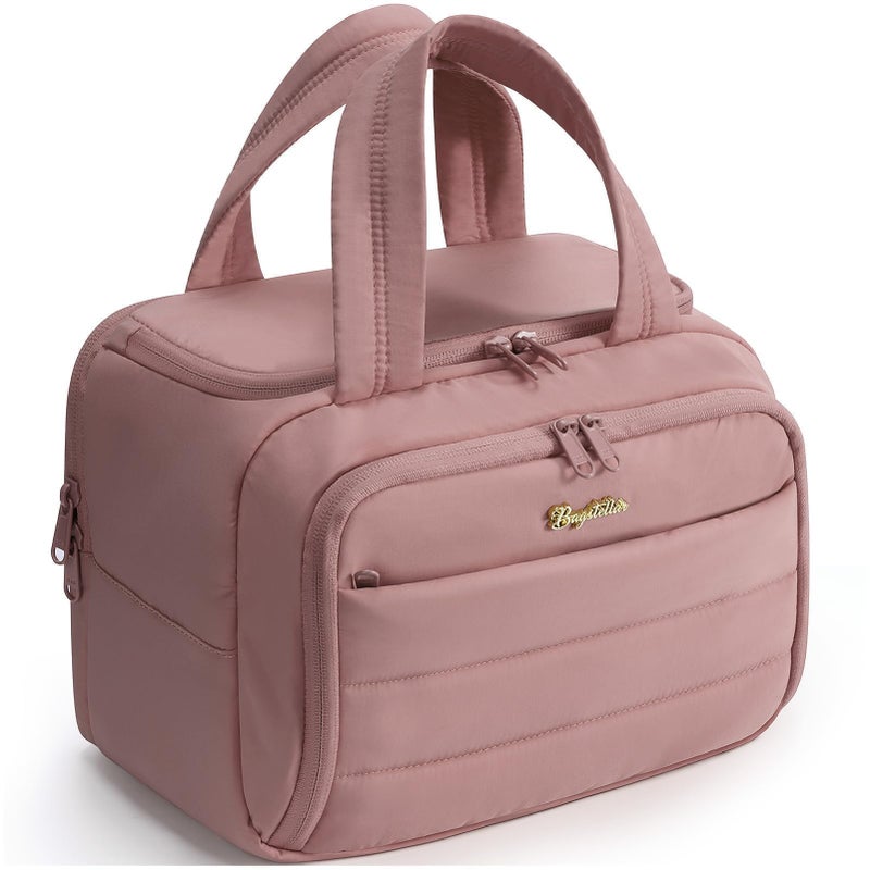 Bagstellar Travel Toiletry Bag for Women, Lightweight Large Quilted Puffy Makeup Bag Wide-open Make up Organizer Cloud Cosmetic Bag w/Handle for Traveling, Toiletries Essentials Accessories Dark Pink - Image 1