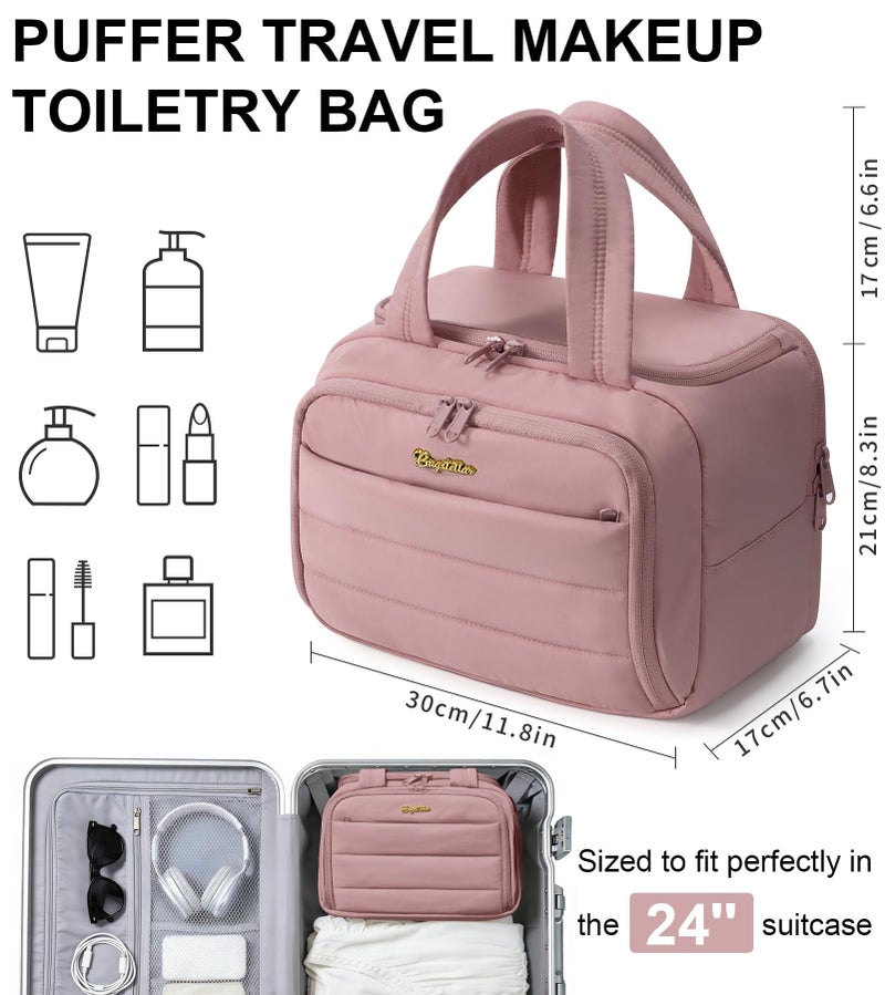Bagstellar Travel Toiletry Bag for Women, Lightweight Large Quilted Puffy Makeup Bag Wide-open Make up Organizer Cloud Cosmetic Bag w/Handle for Traveling, Toiletries Essentials Accessories Dark Pink - Image 2