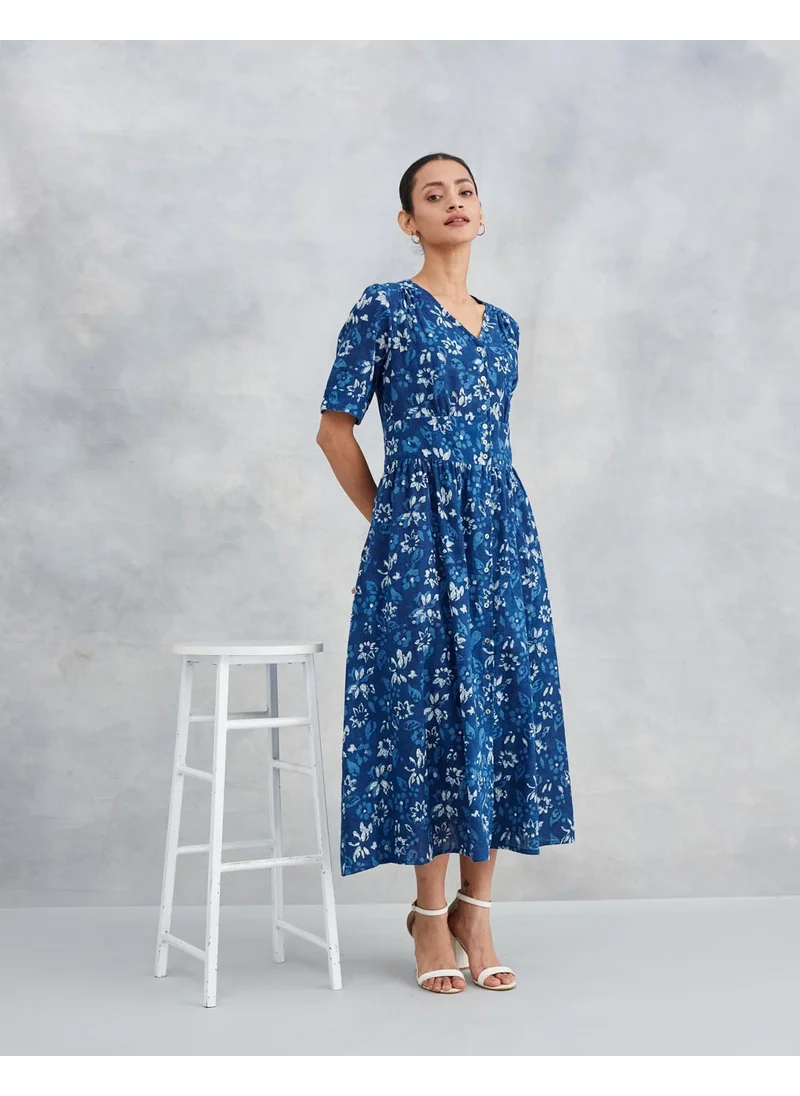 Fabindia Indigo Cotton Dabu Printed Midi Dress