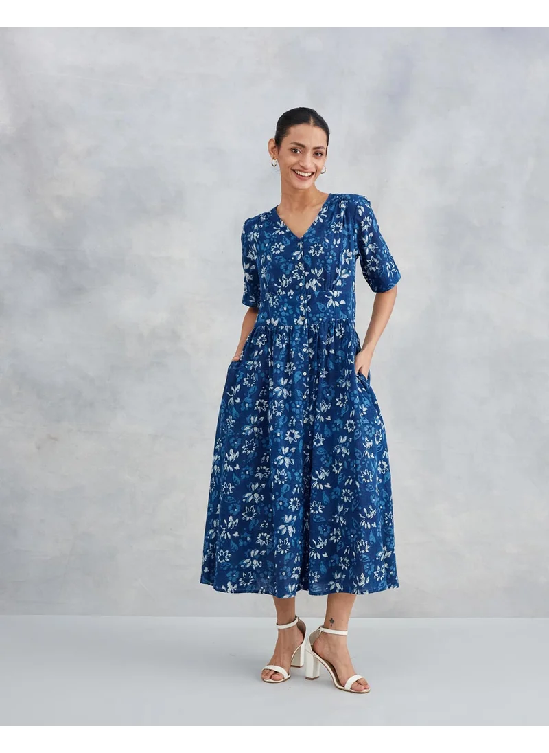 Fabindia Indigo Cotton Dabu Printed Midi Dress