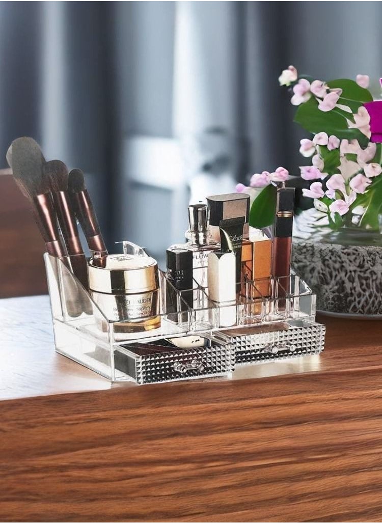 MIRFA Makeup Organizer, Clear Acrylic Cosmetic Organizer Makeup Holder Display Jewelry Storage, Bathroon,Office Use, Case 2 Drawer For Lipstick Liner Brush Holder Black (Clear)  - Image 1