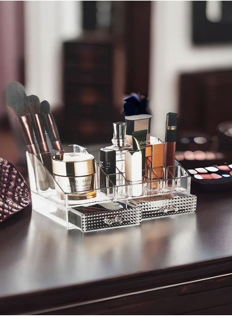 MIRFA Makeup Organizer, Clear Acrylic Cosmetic Organizer Makeup Holder Display Jewelry Storage, Bathroon,Office Use, Case 2 Drawer For Lipstick Liner Brush Holder Black (Clear)  - Image 5