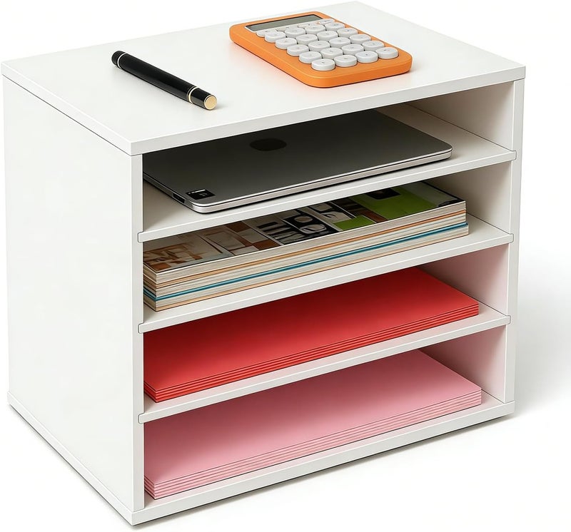 EMERIT 4-Tier Adjustable Paper Organizer, Large Capacity Desktop Organzier for Textbooks/Magazines/Office Files, Wooden Dividers, 7 lbs per Shelf, White - Image 1