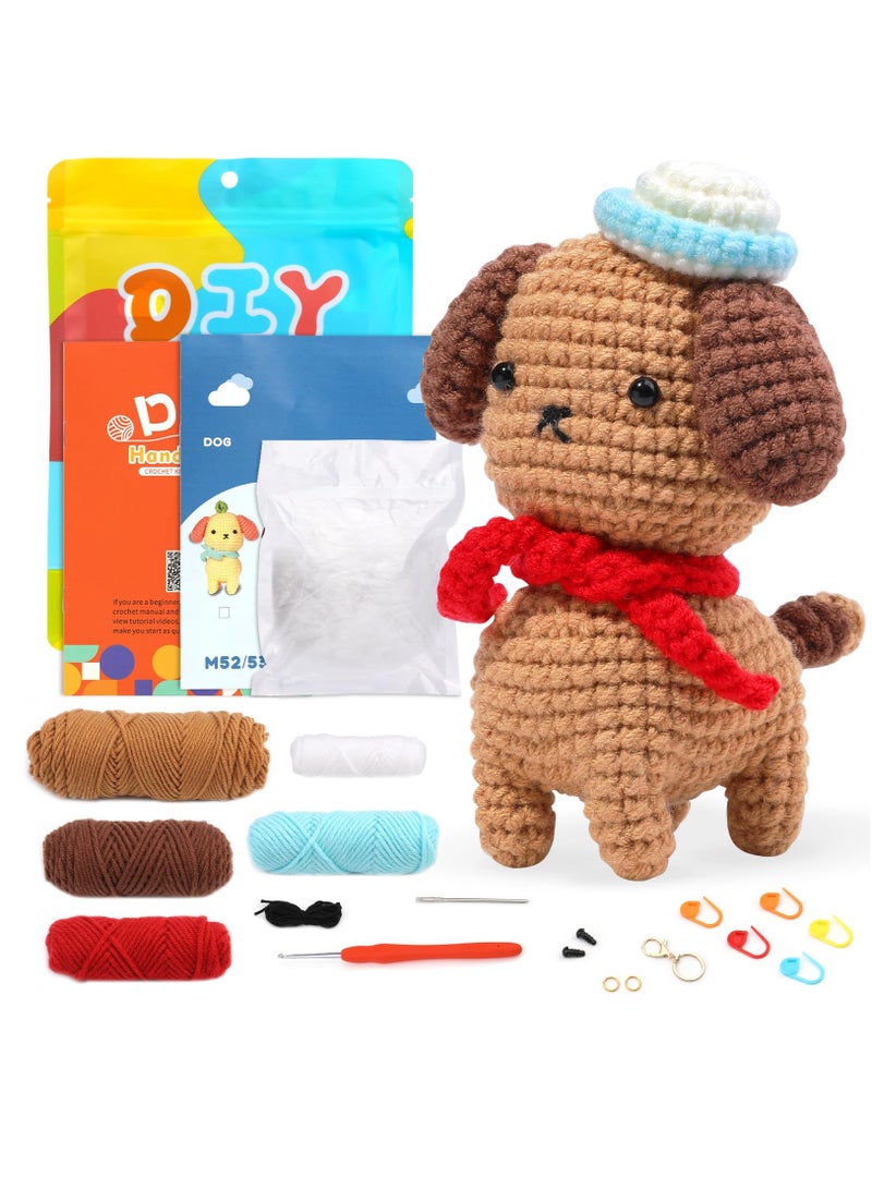 Excefore Crochet Kits for Beginners Adults, Beginner Knitting Kit, Crochet Set for Beginners with Brown Puppy, Crochet Yarn, Storage Bag, Crochet Keychain, Step-by-Step Instructions Video, Brown - Image 1