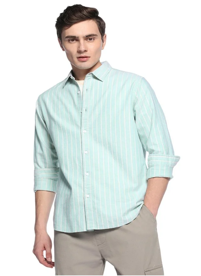 دينيس لينغو Green Slim Fit Striped Shirt for Men - Cotton, Full Sleeves, Spread Collar, Casual