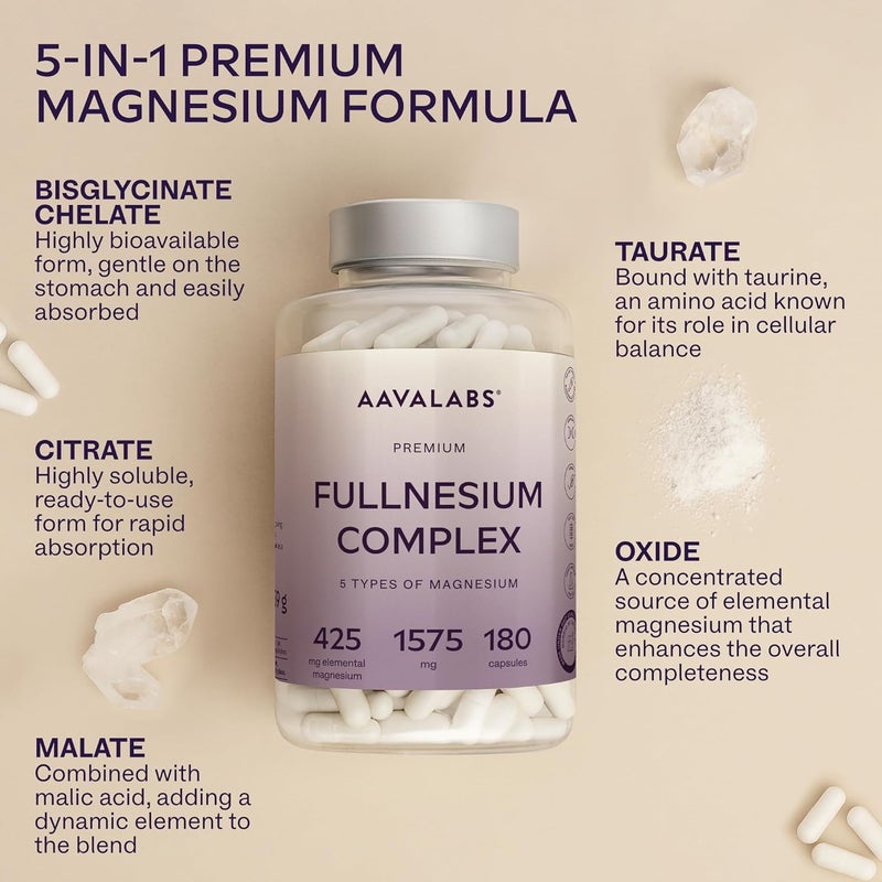 AAVALABS High Strength Magnesium Supplements for Women and Men 1575mg per Daily Dose 425mg Elemental Chelated Magnesium Glycinate Citrate Malate and Oxide 180 Capsules Vegan - Image 5