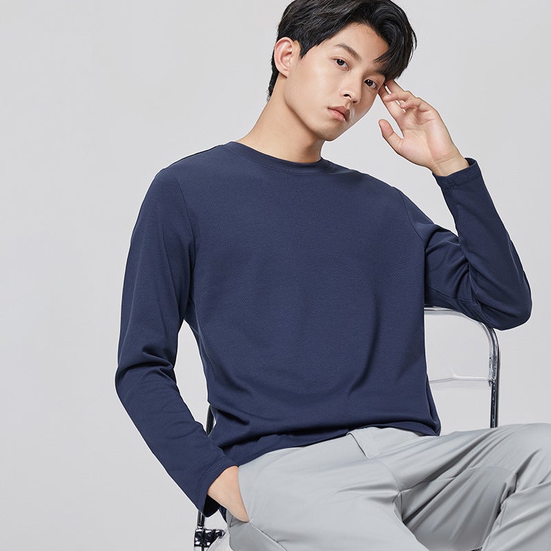 Mercerized Cotton Long-Sleeved T-Shirt Men'S Casual Basic Bottoming Shirt 2025 Versatile Antibacterial Solid Color Top - Image 1