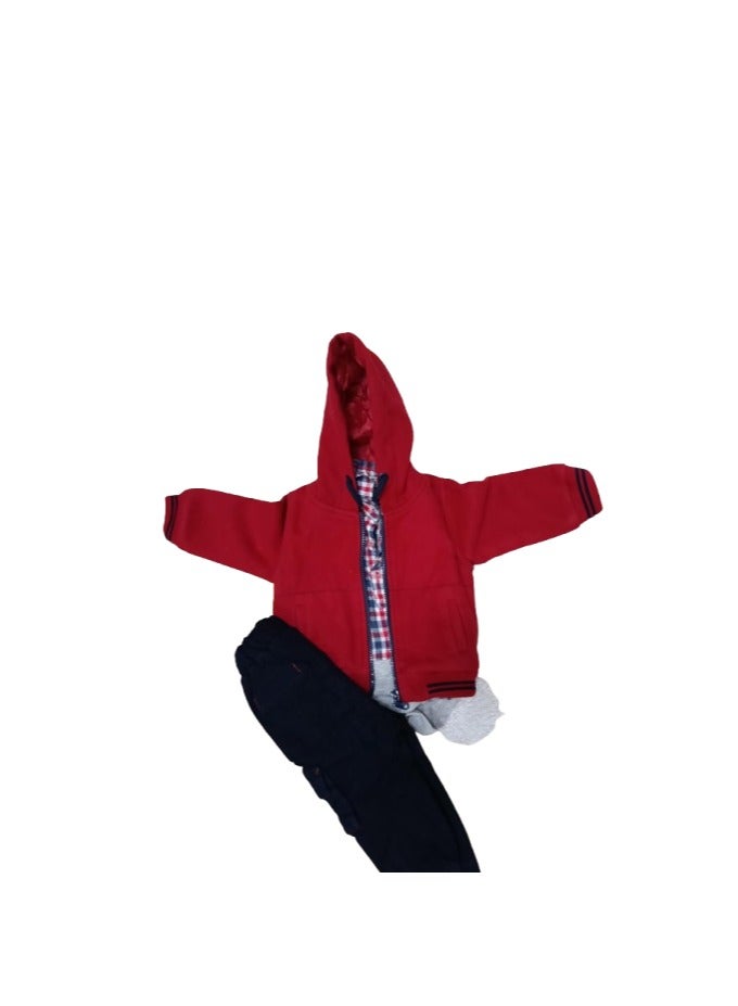 طقم ملابس خروج قطن فاخر مكون من 3 قطع، جاكيت بغطاء للرأس وأكمام طويلة وتيشرت بأكمام طويلة وكباسين وبنطلون مبطن  للأولاد - متعدد الالوان - 9 شهور - Image 1