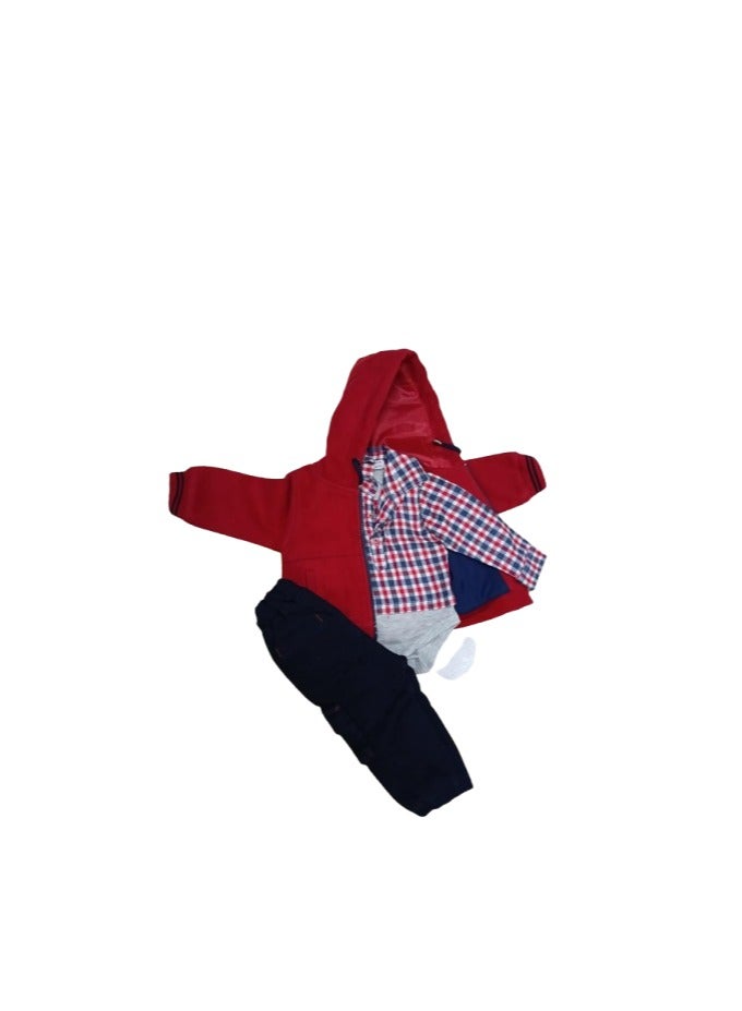 طقم ملابس خروج قطن فاخر مكون من 3 قطع، جاكيت بغطاء للرأس وأكمام طويلة وتيشرت بأكمام طويلة وكباسين وبنطلون مبطن  للأولاد - متعدد الالوان - 9 شهور - Image 2