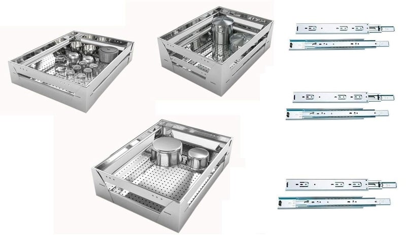 BLOO BASKET BLOO BASKET 202 Stainless Steel Modular Kitchen Basket Rectangular Sheet Perforated Size 4 Plain 6 Plain 8 Plain Set of 3 WITH CHANNEL 14 INCH WIDTH 20 INCH DEPTH  - Image 1