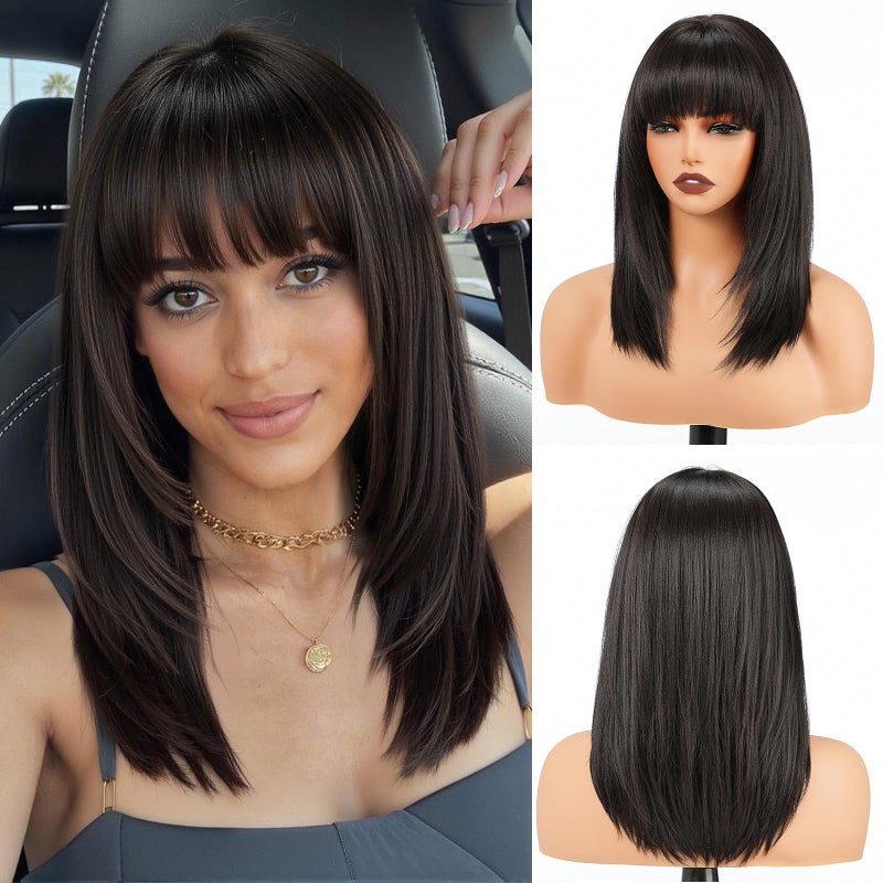 topshe Natural Black Wig with Bangs Straight Layered Wigs for Women Heat Resistant Synthetic Wig Shoulder Length Hair Natural Looking for Daily or Party Use 16 Inch - Image 2