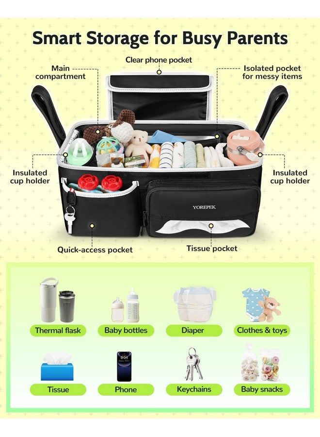 YOREPEK Spacious Stroller Caddy Fits for UPPAbaby Vista/Minu/Cruz, Adjustable Stroller Organizer with 2 Insulated Cup Holders, Easy-clean Stroller Bag for Travel, Walks, Accessories, Baby Essentials - Image 3