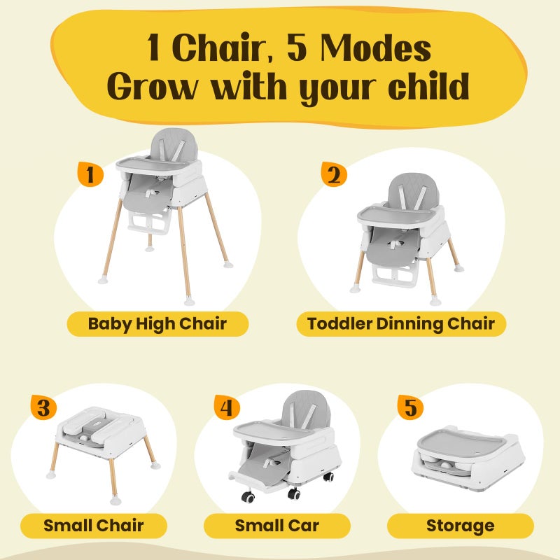 FAHKNS 5-in-1 Baby High Chair, Convertible Booster & Play Chair, Portable Foldable Lightweight, Easy to Clean with Tray, for Babies Toddlers 6-36 Months, Gray - Image 4