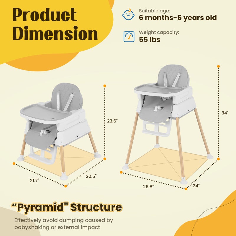 FAHKNS 5-in-1 Baby High Chair, Convertible Booster & Play Chair, Portable Foldable Lightweight, Easy to Clean with Tray, for Babies Toddlers 6-36 Months, Gray - Image 3
