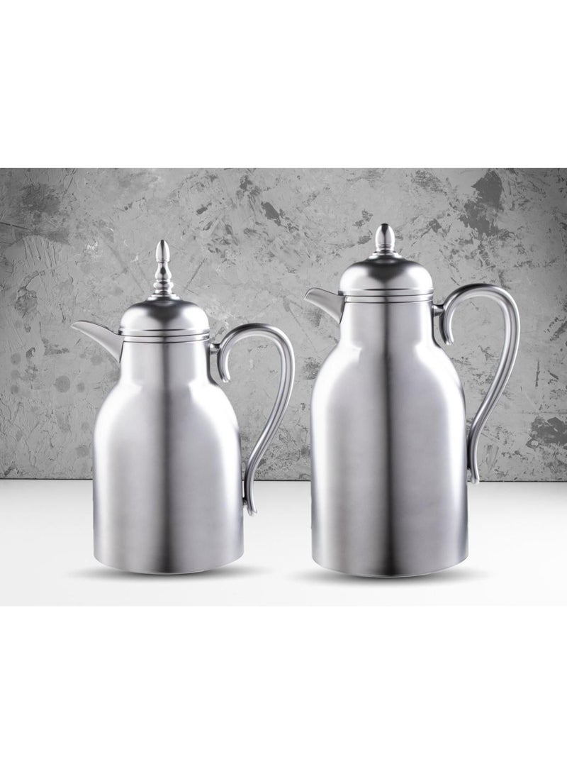 طقم ترامس رغد قطعتين للشاي والقهوة بتصميم أنيق فضي مطفي