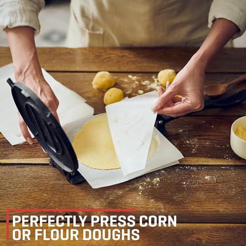 Uno Casa Cast Iron Tortilla Press 10 Inch - Tortilla Maker Press, Pre-Seasoned Roti Maker with 100 Pcs Parchment Paper - Heavy Duty Quesadilla Maker for Homemade Flatbreads, Rotis, Empanadas - Image 4