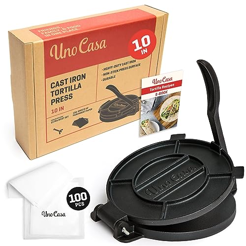 Uno Casa Cast Iron Tortilla Press 10 Inch - Tortilla Maker Press, Pre-Seasoned Roti Maker with 100 Pcs Parchment Paper - Heavy Duty Quesadilla Maker for Homemade Flatbreads, Rotis, Empanadas - Image 1