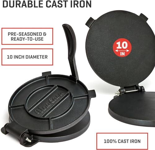 Uno Casa Cast Iron Tortilla Press 10 Inch - Tortilla Maker Press, Pre-Seasoned Roti Maker with 100 Pcs Parchment Paper - Heavy Duty Quesadilla Maker for Homemade Flatbreads, Rotis, Empanadas - Image 3