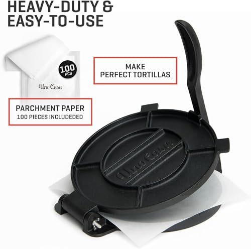 Uno Casa Cast Iron Tortilla Press 10 Inch - Tortilla Maker Press, Pre-Seasoned Roti Maker with 100 Pcs Parchment Paper - Heavy Duty Quesadilla Maker for Homemade Flatbreads, Rotis, Empanadas - Image 2