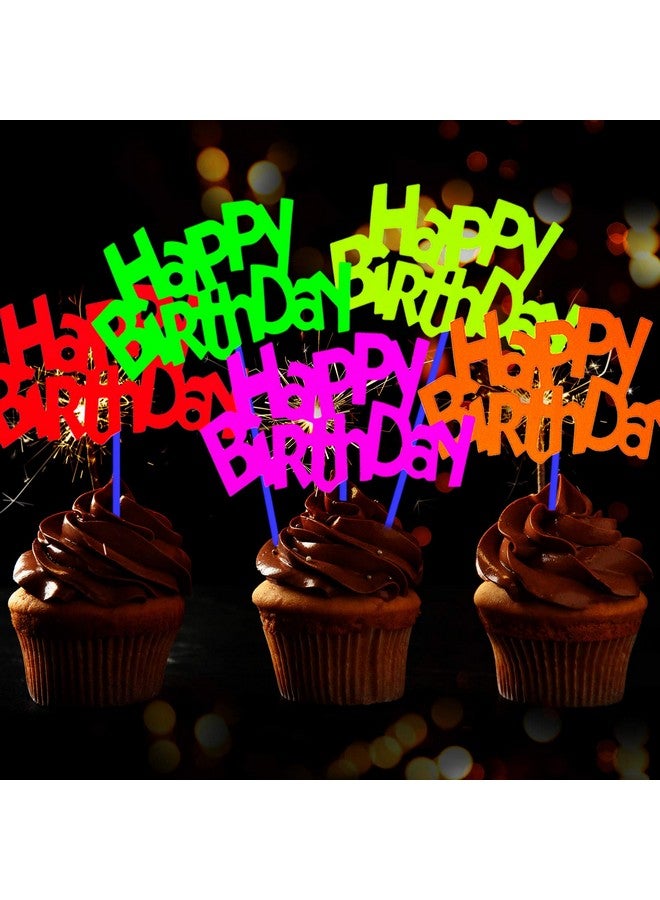 Sumind 24 Pieces Neon Cupcake Toppers Neon Birthday Decorations Happy Birthday Cake and Cupcake Toppers for Glow Party Wedding Decoration Black Light Reactive Party Halloween Christmas - Image 1