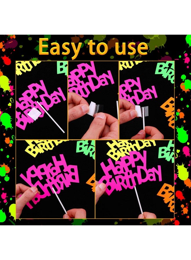 Sumind 24 Pieces Neon Cupcake Toppers Neon Birthday Decorations Happy Birthday Cake and Cupcake Toppers for Glow Party Wedding Decoration Black Light Reactive Party Halloween Christmas - Image 5