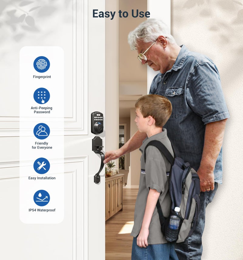 Veise Fingerprint Door Lock Set, Keyless Entry Door Lock, Front Handle Set, Electronic Keypad Deadbolt with Lever Handle, 2 Keys, Auto-Locking, One-time Codes, Easy to Install, Matte Black - Image 5