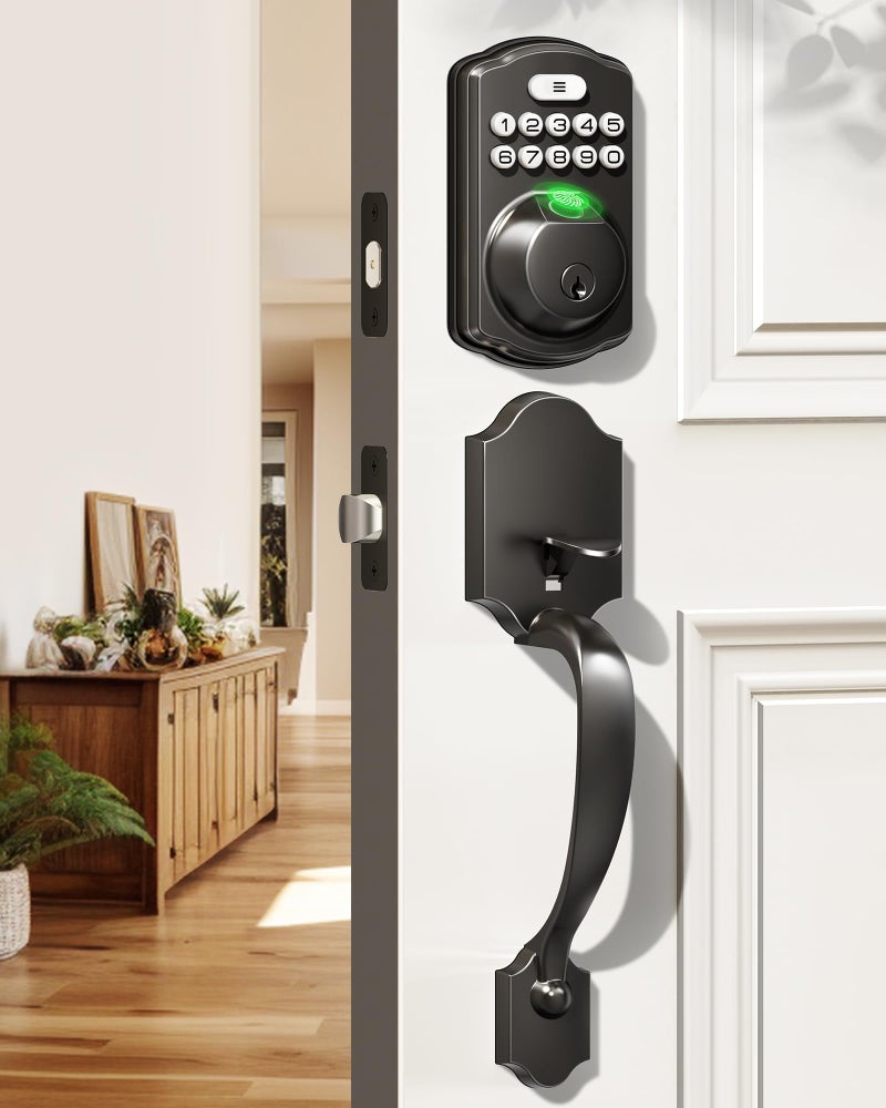 Veise Fingerprint Door Lock Set, Keyless Entry Door Lock, Front Handle Set, Electronic Keypad Deadbolt with Lever Handle, 2 Keys, Auto-Locking, One-time Codes, Easy to Install, Matte Black - Image 1