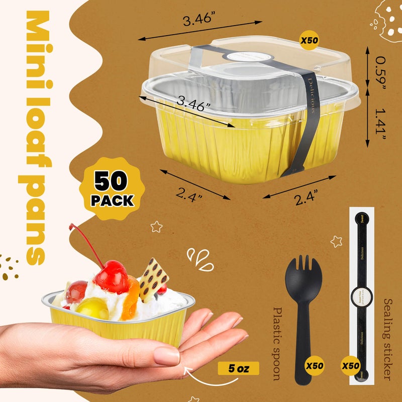 NPLUX 50 Pack Mini Cake Pans with Lids and Spoons Aluminum Foil Pans Square Cake Tins for Bakery Party Wedding (Gold,5 oz) - Image 3