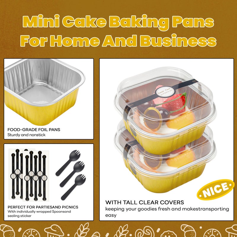 NPLUX 50 Pack Mini Cake Pans with Lids and Spoons Aluminum Foil Pans Square Cake Tins for Bakery Party Wedding (Gold,5 oz) - Image 5