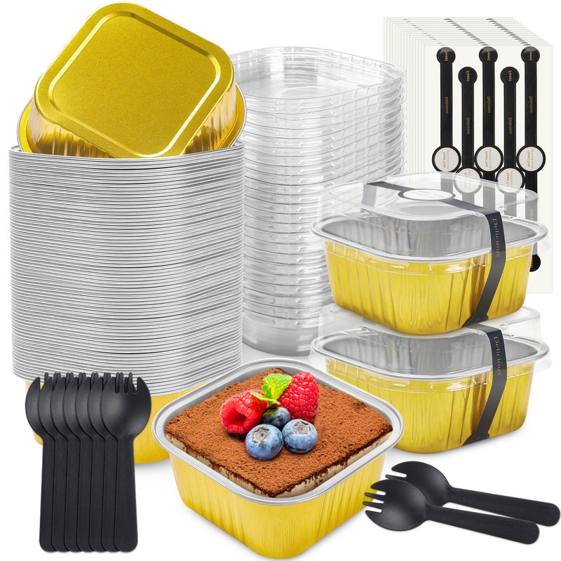 NPLUX 50 Pack Mini Cake Pans with Lids and Spoons Aluminum Foil Pans Square Cake Tins for Bakery Party Wedding (Gold,5 oz) - Image 1