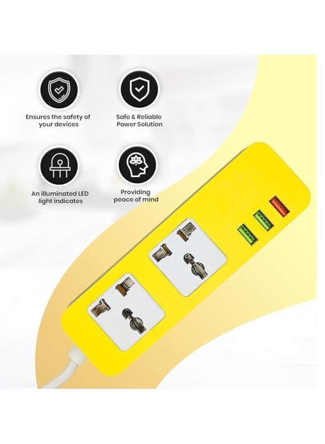 Extension Socket 3 USB Ports Multi-Plug Adapter, Surge Protection Charging Station Power Strip for Home Office Travel -Fast USB Compact & Durable Design (Bright Yellow) - Image 2