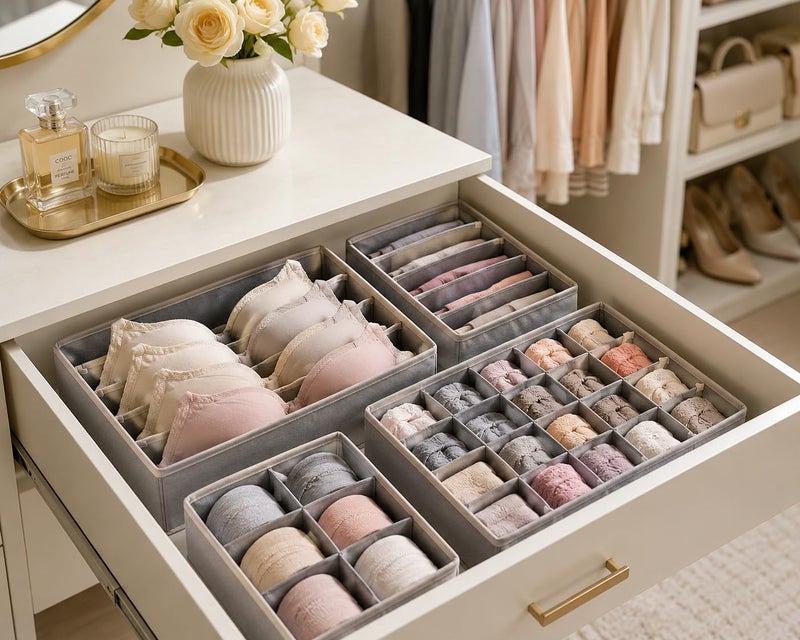 Lingerie Storage Box with 24 Compartments, Foldable Underwear Drawer Organizer for Bras, Socks, Panties & Accessories, Fabric Closet Storage Bin for Cabinets, Shelves & Dressers (White) - Image 4