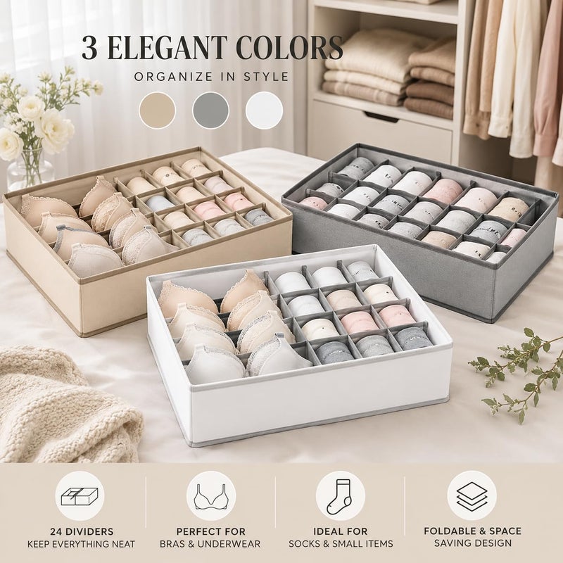 Lingerie Storage Box with 24 Compartments, Foldable Underwear Drawer Organizer for Bras, Socks, Panties & Accessories, Fabric Closet Storage Bin for Cabinets, Shelves & Dressers (White) - Image 5