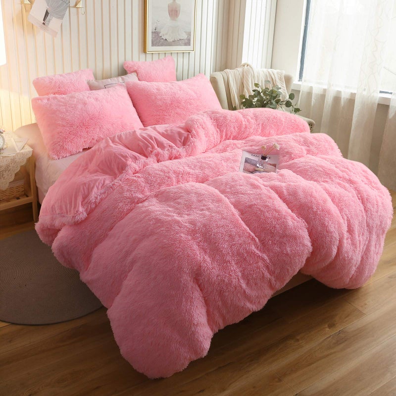 XeGe Plush Shaggy Duvet Cover Luxury Ultra Soft Crystal Velvet Fuzzy Bedding 1PC1 Faux Fur Duvet Cover Fluffy Furry Comforter Cover for Bedroom Home Decoration Zipper Closure King Light Pink