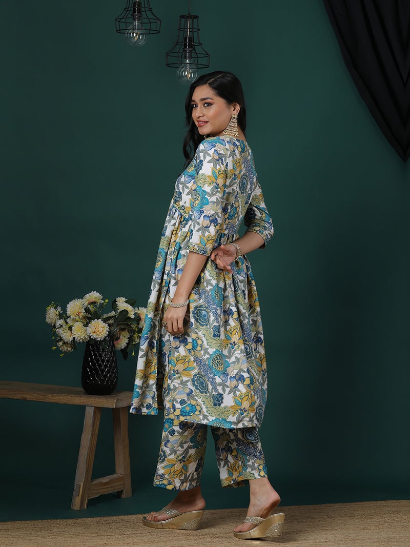 globus Globus Women Floral Printed High Slit Thread Work Kurta With Trousers  - Image 3