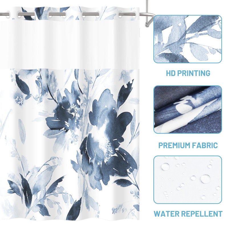 WITHLOC No Hook Shower Curtain with Snap in Liner - Floral Shower Curtain - Fabric Waterproof Inner Liner, Plants Navy Blue Flowers Modern Cloth Shower Curtains - Machine Washable, 71 x 74 - Image 4