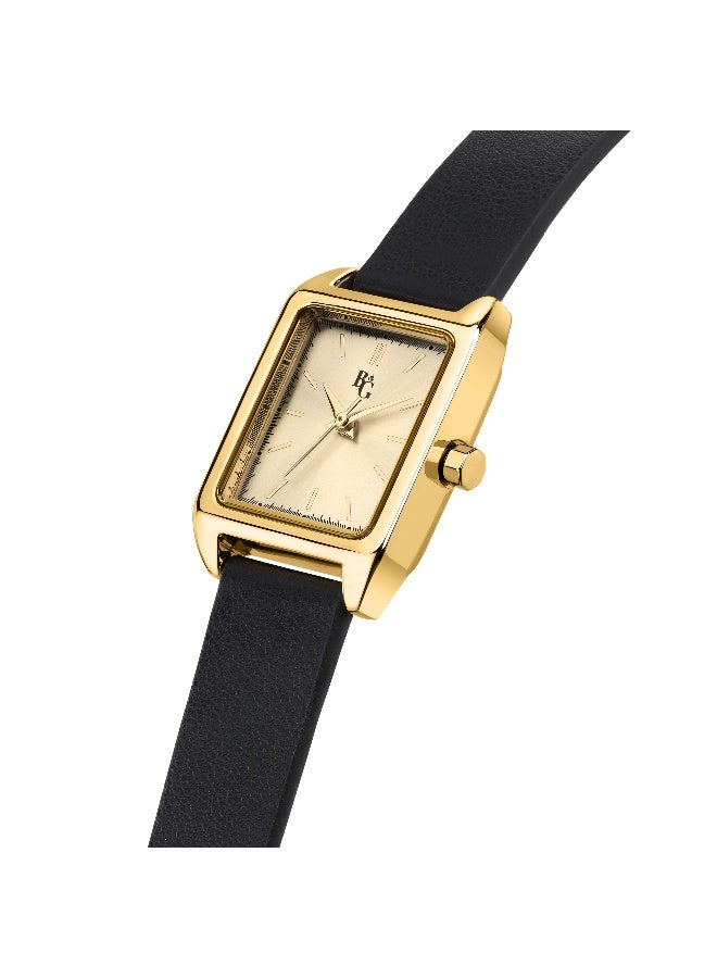 B&G Women's Gold Rectangular Analog Dial with Black Leather Band Watch - 22mm - R3851324502 - Image 2