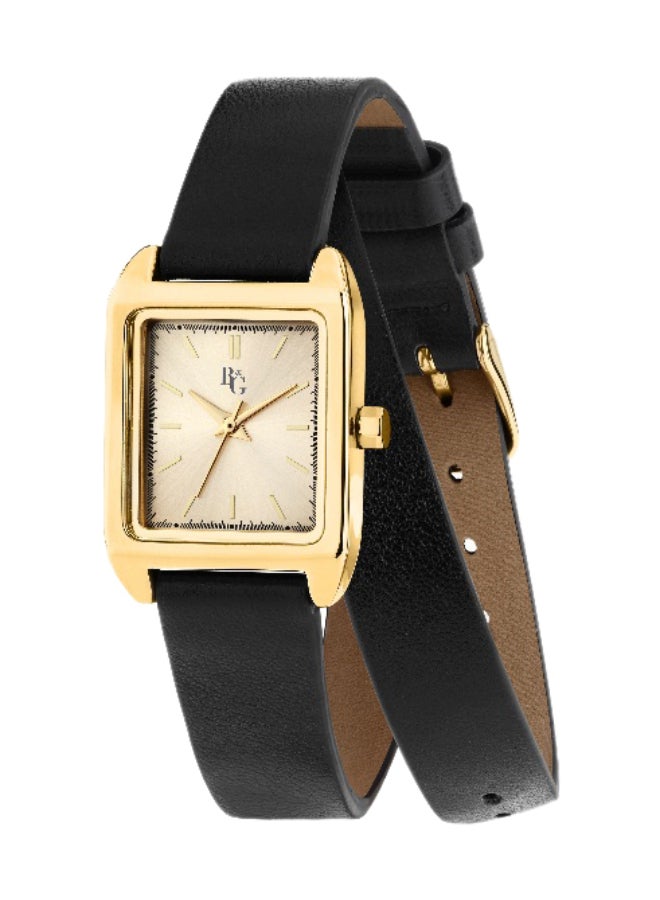 B&G Women's Gold Rectangular Analog Dial with Black Leather Band Watch - 22mm - R3851324502 - Image 1