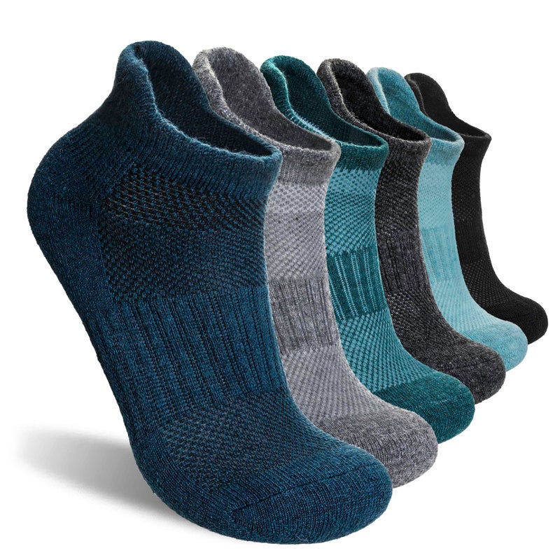 SeeyAN Merino Wool Ankle Hiking Socks For Men & Women No Show Running Athletic Support Thick Cushioned Breathable Socks 6 Pairs (Blue & Green, 6-9) - Image 1
