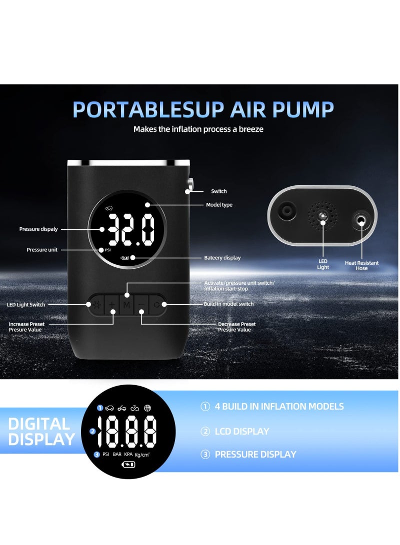 Portable Tyre Inflator, Cordless Tyre Air Compressor, Rechargeable 150PSI Auto-Off Air Pump with LED Lights, Digital Gauge for Accurate Pressure Readings for Car/Motorcycle/Ball/Bike (Black) - Image 2