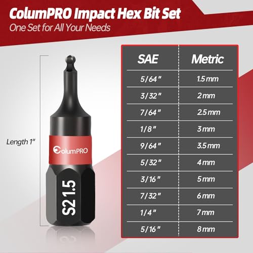 ColumPRO Ball End Allen Wrench Bit Set - 20PCS Metric & SAE Allen Key Drill Bit Set with Magnetic Bit Holder, Premium S2 Steel 1” Hex Bit - Image 2